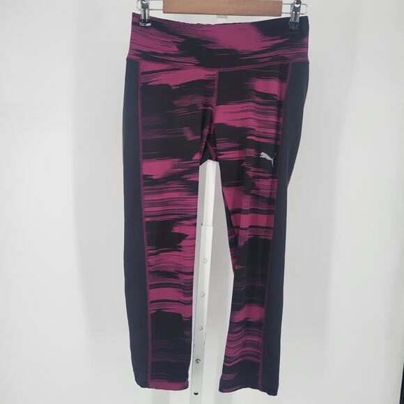 Puma Womens Sz XL Cropped Compression Leggings Athletic Pink Black Striped - Picture 1 of 5